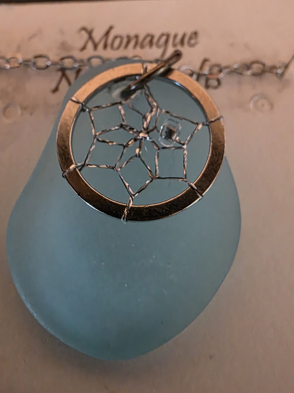 Silver Dreamcatcher Pendant Necklace with Sea Glass Blue. Indigenous Native Co.